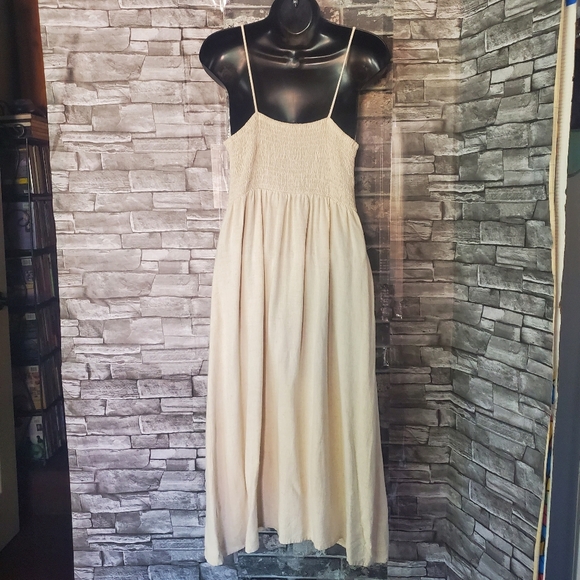 Shop Neighbor Linen Blend Beige Midi Dress Sleeveless Summer Bohemian Beachy Med - Picture 6 of 12